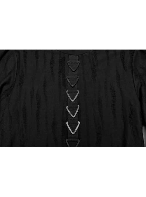 Simple Black Tattered Knitted Front Triangle Button Decorated Punk Style Long Sleeve T-Shirt