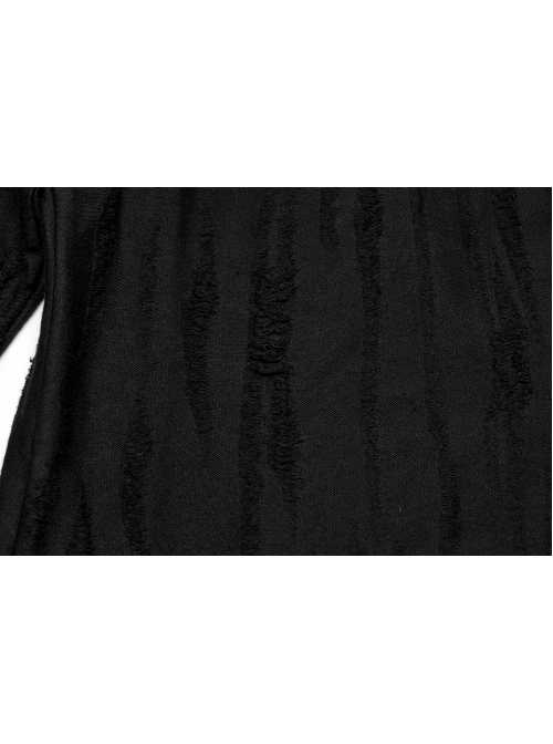 Simple Black Tattered Knitted Front Triangle Button Decorated Punk Style Long Sleeve T-Shirt