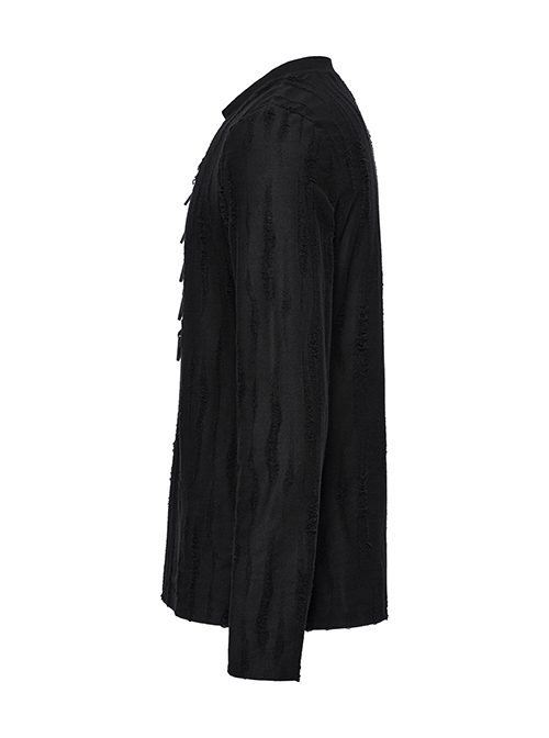 Simple Black Tattered Knitted Front Triangle Button Decorated Punk Style Long Sleeve T-Shirt