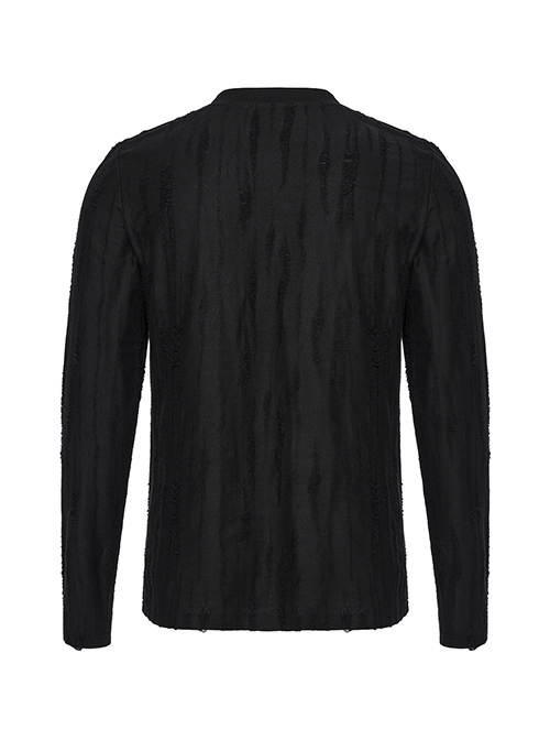 Simple Black Tattered Knitted Front Triangle Button Decorated Punk Style Long Sleeve T-Shirt