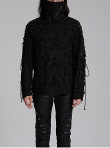 Black High Collar Elastic Ripped Knit Shoulder Eyelet Webbing Tie Rope Decoration Punk Style Doomsday Long Sleeve T-Shirt