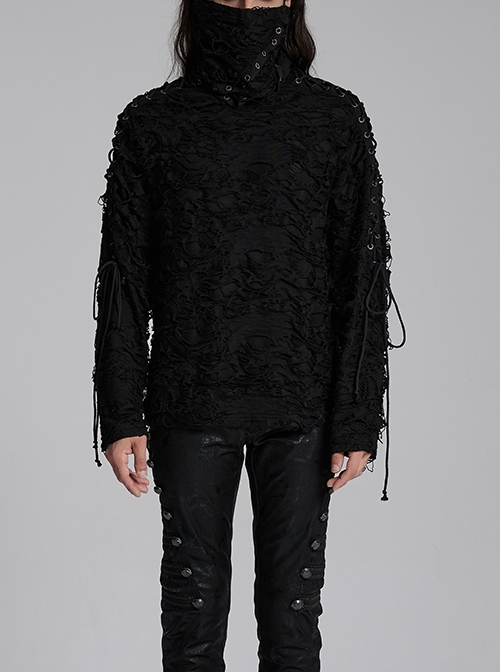Black High Collar Elastic Ripped Knit Shoulder Eyelet Webbing Tie Rope Decoration Punk Style Doomsday Long Sleeve T-Shirt