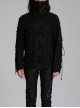 Black High Collar Elastic Ripped Knit Shoulder Eyelet Webbing Tie Rope Decoration Punk Style Doomsday Long Sleeve T-Shirt