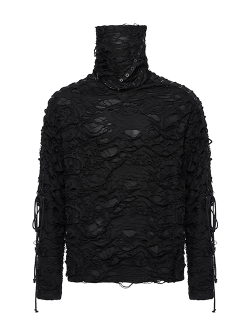 Black High Collar Elastic Ripped Knit Shoulder Eyelet Webbing Tie Rope Decoration Punk Style Doomsday Long Sleeve T-Shirt