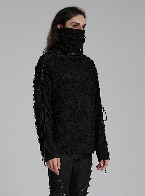 Black High Collar Elastic Ripped Knit Shoulder Eyelet Webbing Tie Rope Decoration Punk Style Doomsday Long Sleeve T-Shirt