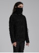 Black High Collar Elastic Ripped Knit Shoulder Eyelet Webbing Tie Rope Decoration Punk Style Doomsday Long Sleeve T-Shirt