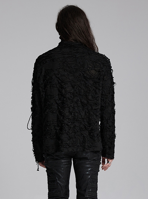 Black High Collar Elastic Ripped Knit Shoulder Eyelet Webbing Tie Rope Decoration Punk Style Doomsday Long Sleeve T-Shirt