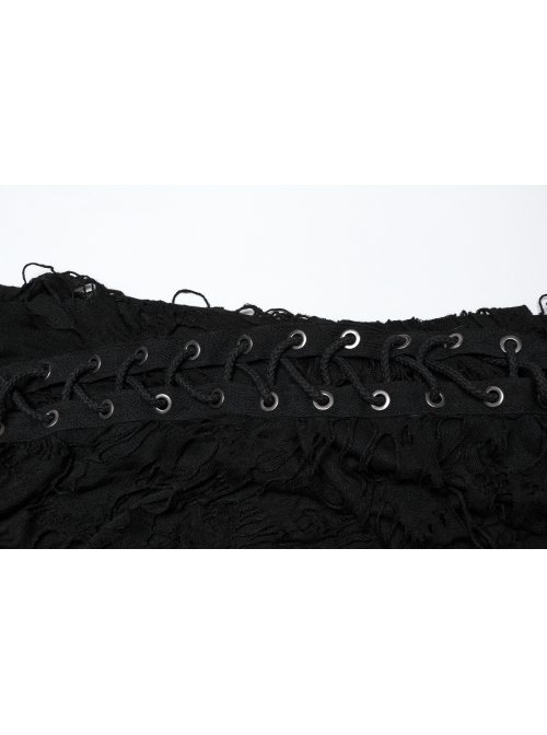 Black High Collar Elastic Ripped Knit Shoulder Eyelet Webbing Tie Rope Decoration Punk Style Doomsday Long Sleeve T-Shirt