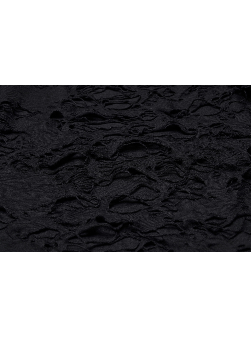 Black High Collar Elastic Ripped Knit Shoulder Eyelet Webbing Tie Rope Decoration Punk Style Doomsday Long Sleeve T-Shirt