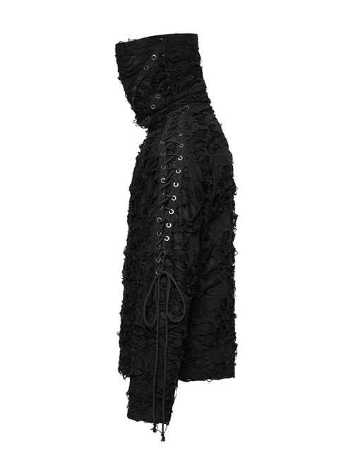Black High Collar Elastic Ripped Knit Shoulder Eyelet Webbing Tie Rope Decoration Punk Style Doomsday Long Sleeve T-Shirt
