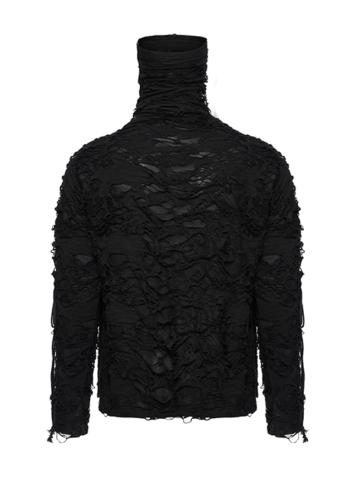 Black High Collar Elastic Ripped Knit Shoulder Eyelet Webbing Tie Rope Decoration Punk Style Doomsday Long Sleeve T-Shirt