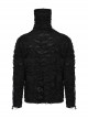 Black High Collar Elastic Ripped Knit Shoulder Eyelet Webbing Tie Rope Decoration Punk Style Doomsday Long Sleeve T-Shirt