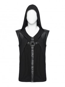 Personalized Black Elastic Knitted Mesh Fabric With Metal Ring Decoration In The Front Center Punk Style Loose Hooded Vest
