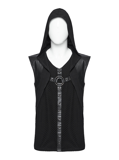 Personalized Black Elastic Knitted Mesh Fabric With Metal Ring Decoration In The Front Center Punk Style Loose Hooded Vest