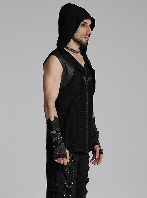 Personalized Black Elastic Knitted Mesh Fabric With Metal Ring Decoration In The Front Center Punk Style Loose Hooded Vest
