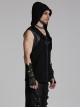 Personalized Black Elastic Knitted Mesh Fabric With Metal Ring Decoration In The Front Center Punk Style Loose Hooded Vest
