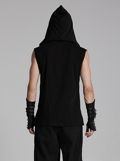 Personalized Black Elastic Knitted Mesh Fabric With Metal Ring Decoration In The Front Center Punk Style Loose Hooded Vest