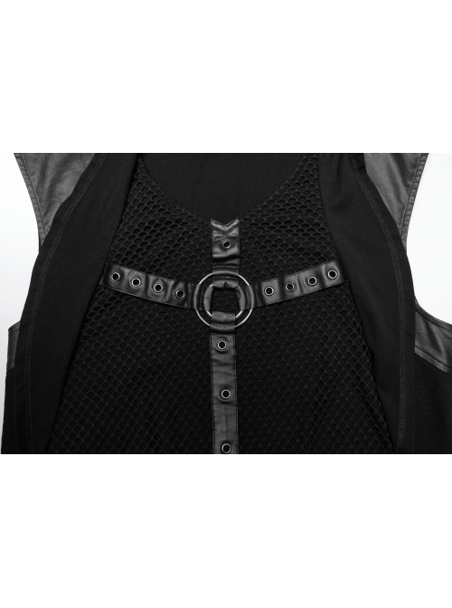 Personalized Black Elastic Knitted Mesh Fabric With Metal Ring Decoration In The Front Center Punk Style Loose Hooded Vest
