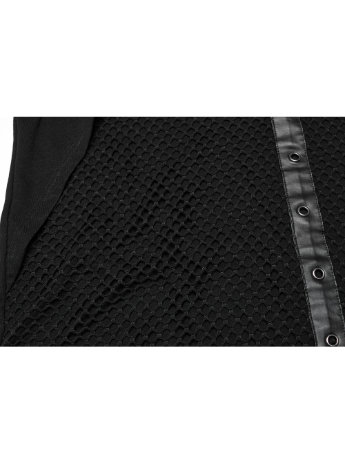 Personalized Black Elastic Knitted Mesh Fabric With Metal Ring Decoration In The Front Center Punk Style Loose Hooded Vest