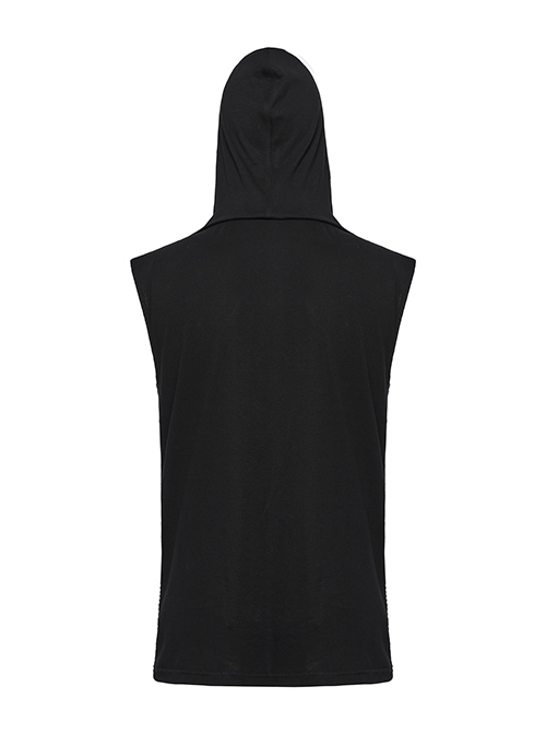 Personalized Black Elastic Knitted Mesh Fabric With Metal Ring Decoration In The Front Center Punk Style Loose Hooded Vest