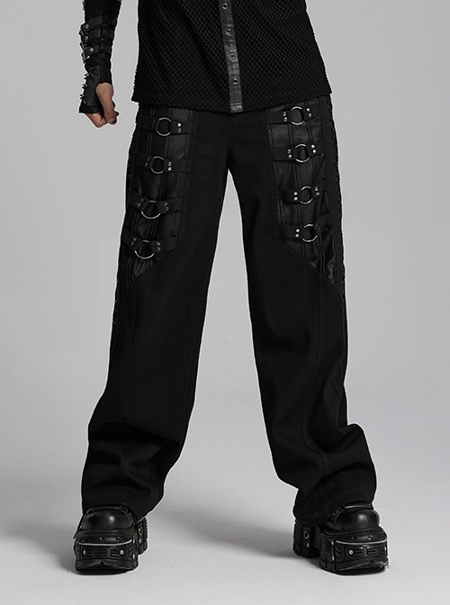 Black Twill Woven Stitching Laminated Vertical Striped Mesh Fabric Front Center Double Row Of Metal Rings Decorated With Punk Style Street Wide Leg Pants