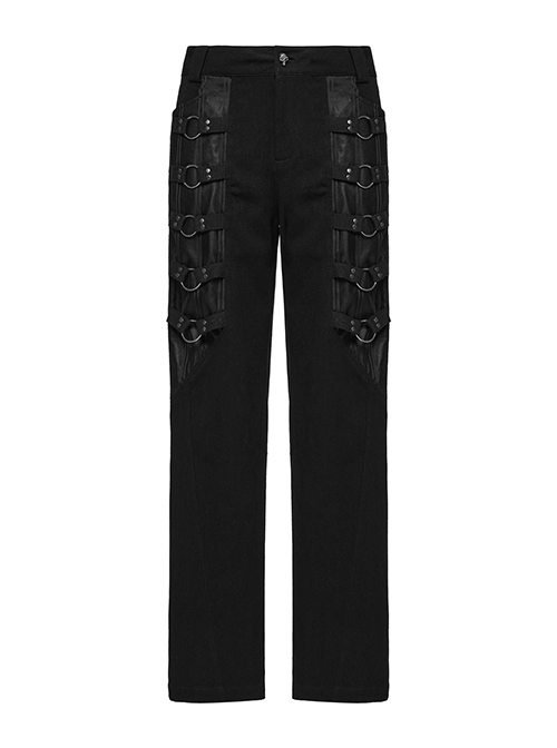 Black Twill Woven Stitching Laminated Vertical Striped Mesh Fabric Front Center Double Row Of Metal Rings Decorated With Punk Style Street Wide Leg Pants