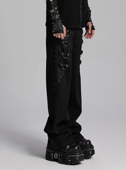 Black Twill Woven Stitching Laminated Vertical Striped Mesh Fabric Front Center Double Row Of Metal Rings Decorated With Punk Style Street Wide Leg Pants