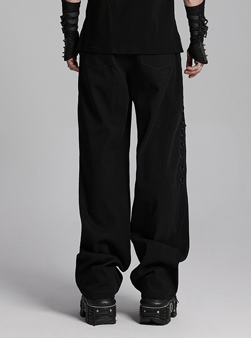 Black Twill Woven Stitching Laminated Vertical Striped Mesh Fabric Front Center Double Row Of Metal Rings Decorated With Punk Style Street Wide Leg Pants