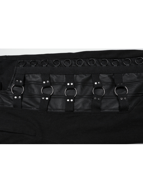Black Twill Woven Stitching Laminated Vertical Striped Mesh Fabric Front Center Double Row Of Metal Rings Decorated With Punk Style Street Wide Leg Pants