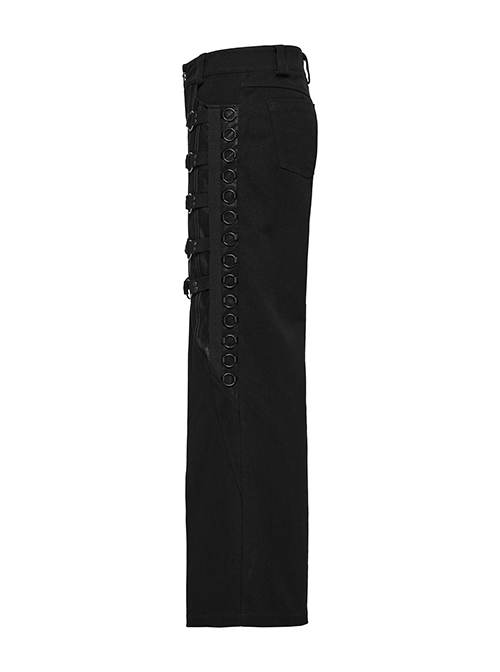 Black Twill Woven Stitching Laminated Vertical Striped Mesh Fabric Front Center Double Row Of Metal Rings Decorated With Punk Style Street Wide Leg Pants
