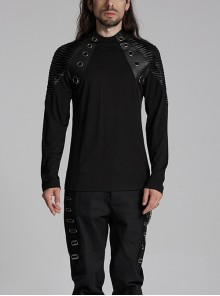 Personalized Elastic Knitted Shoulder Stitching Three Dimensional Pleated Faux Leather Decoration Punk Style Zipper Long Sleeved T-Shirt