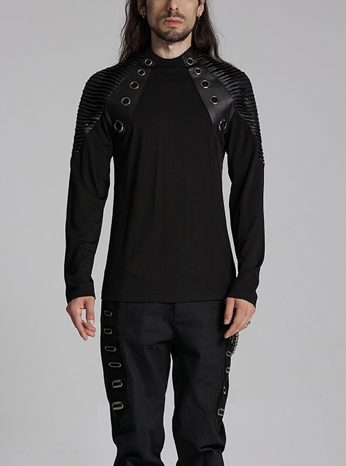 Personalized Elastic Knitted Shoulder Stitching Three Dimensional Pleated Faux Leather Decoration Punk Style Zipper Long Sleeved T-Shirt
