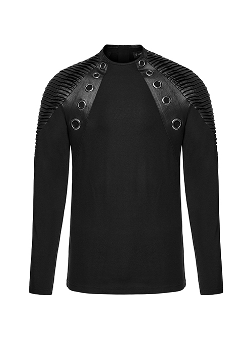 Personalized Elastic Knitted Shoulder Stitching Three Dimensional Pleated Faux Leather Decoration Punk Style Zipper Long Sleeved T-Shirt