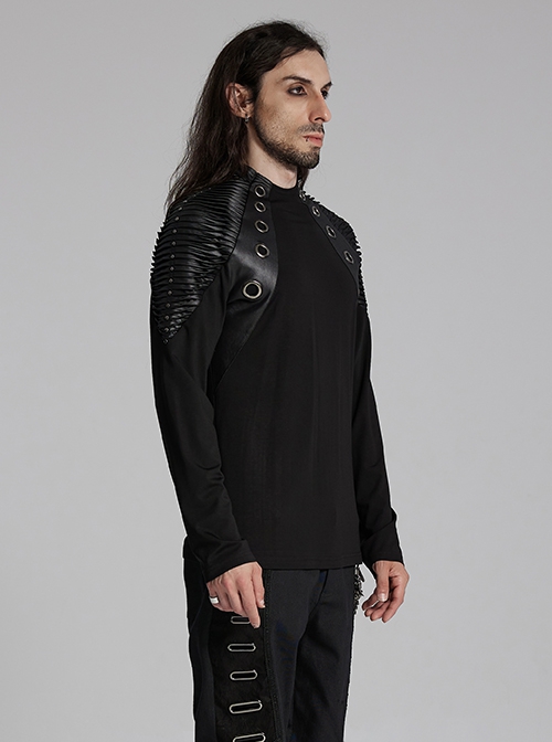 Personalized Elastic Knitted Shoulder Stitching Three Dimensional Pleated Faux Leather Decoration Punk Style Zipper Long Sleeved T-Shirt