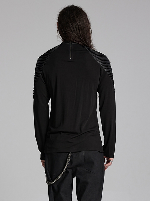 Personalized Elastic Knitted Shoulder Stitching Three Dimensional Pleated Faux Leather Decoration Punk Style Zipper Long Sleeved T-Shirt