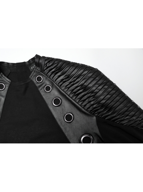 Personalized Elastic Knitted Shoulder Stitching Three Dimensional Pleated Faux Leather Decoration Punk Style Zipper Long Sleeved T-Shirt