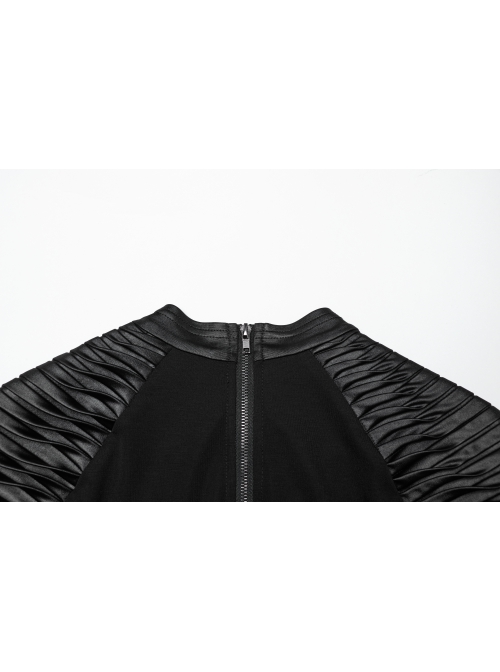 Personalized Elastic Knitted Shoulder Stitching Three Dimensional Pleated Faux Leather Decoration Punk Style Zipper Long Sleeved T-Shirt
