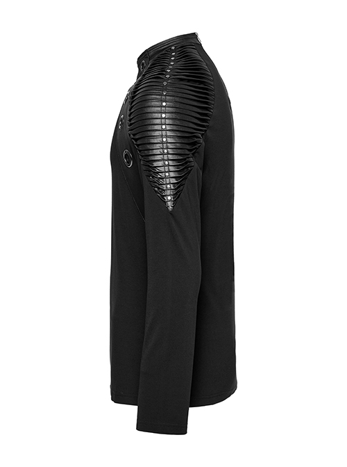 Personalized Elastic Knitted Shoulder Stitching Three Dimensional Pleated Faux Leather Decoration Punk Style Zipper Long Sleeved T-Shirt