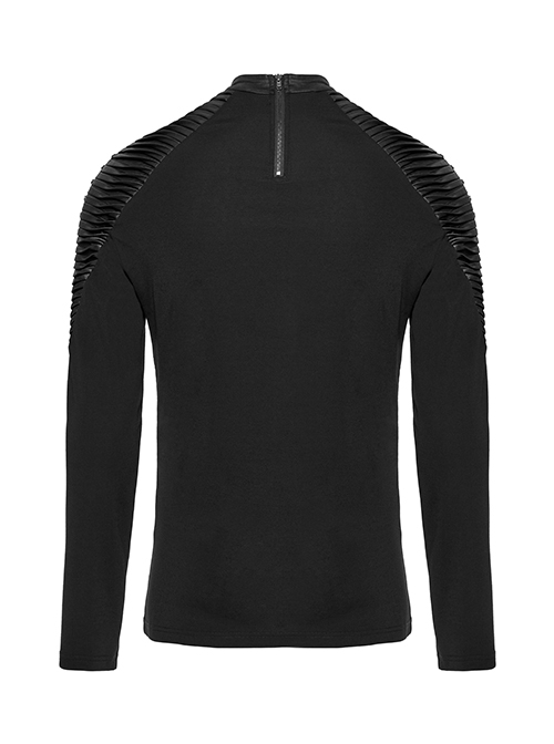 Personalized Elastic Knitted Shoulder Stitching Three Dimensional Pleated Faux Leather Decoration Punk Style Zipper Long Sleeved T-Shirt
