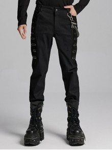 Black Twill Woven Stitching PU Leather Eyelets On Both Sides With Lace Decoration Punk Style Slim Trousers