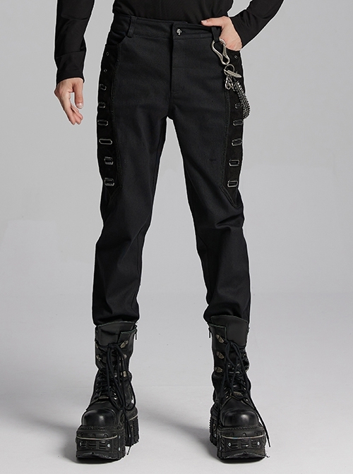Black Twill Woven Stitching PU Leather Eyelets On Both Sides With Lace Decoration Punk Style Slim Trousers