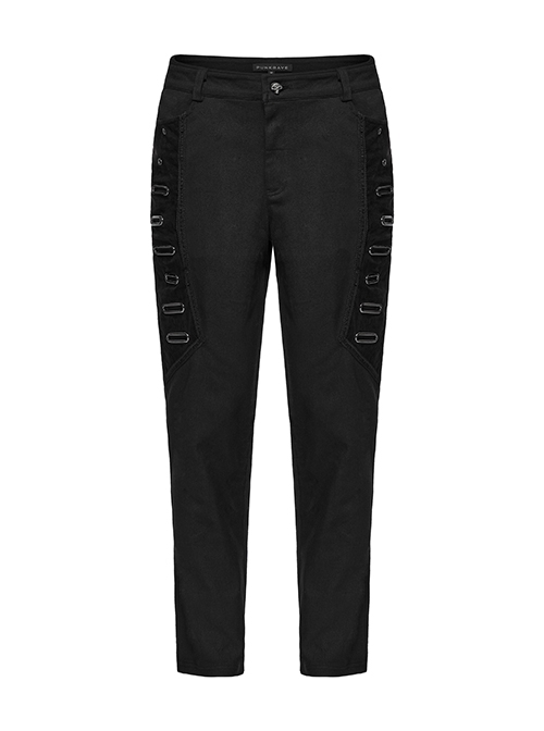 Black Twill Woven Stitching PU Leather Eyelets On Both Sides With Lace Decoration Punk Style Slim Trousers