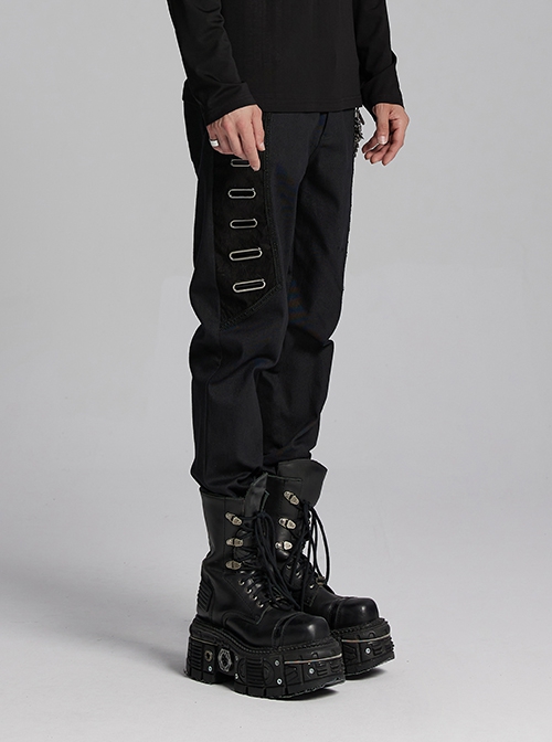 Black Twill Woven Stitching PU Leather Eyelets On Both Sides With Lace Decoration Punk Style Slim Trousers