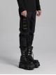 Black Twill Woven Stitching PU Leather Eyelets On Both Sides With Lace Decoration Punk Style Slim Trousers