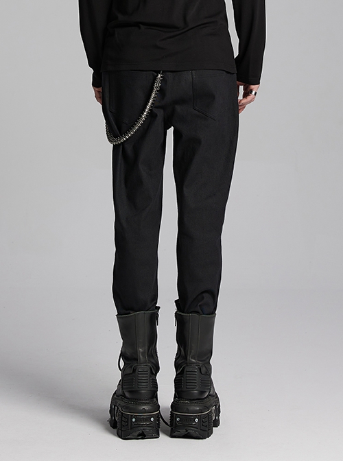 Black Twill Woven Stitching PU Leather Eyelets On Both Sides With Lace Decoration Punk Style Slim Trousers