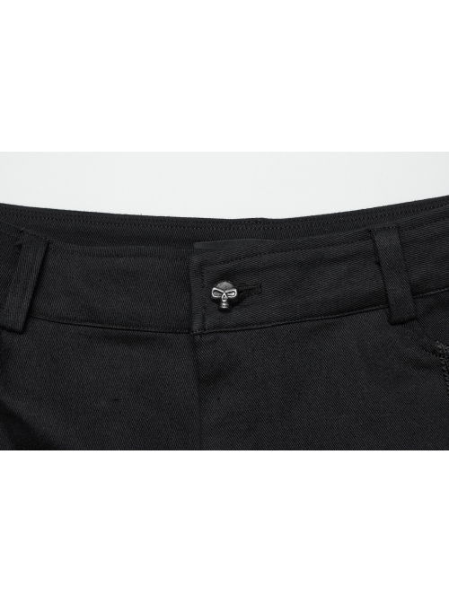Black Twill Woven Stitching PU Leather Eyelets On Both Sides With Lace Decoration Punk Style Slim Trousers