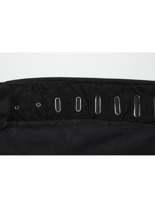 Black Twill Woven Stitching PU Leather Eyelets On Both Sides With Lace Decoration Punk Style Slim Trousers