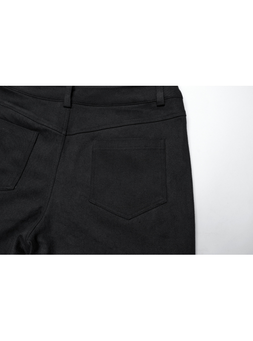 Black Twill Woven Stitching PU Leather Eyelets On Both Sides With Lace Decoration Punk Style Slim Trousers