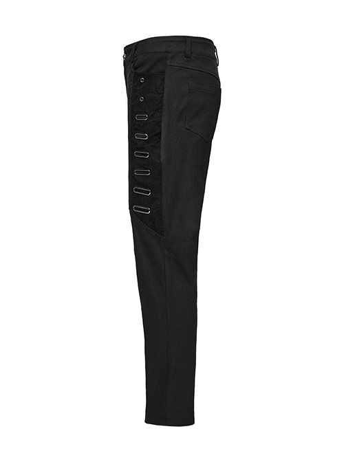 Black Twill Woven Stitching PU Leather Eyelets On Both Sides With Lace Decoration Punk Style Slim Trousers