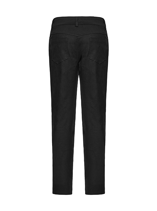 Black Twill Woven Stitching PU Leather Eyelets On Both Sides With Lace Decoration Punk Style Slim Trousers